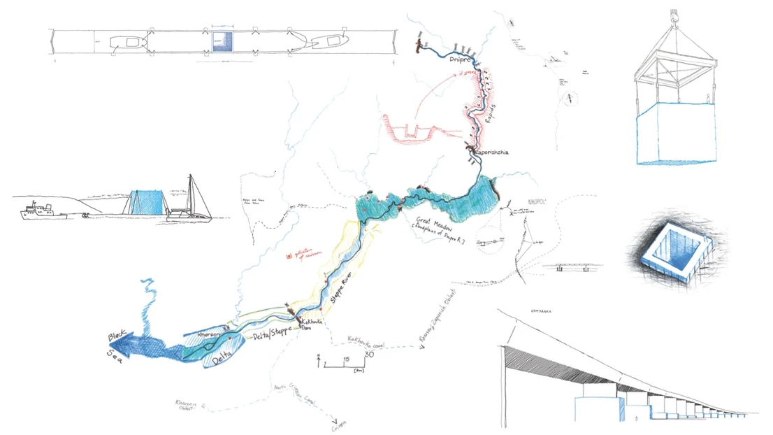 Hand-made sketch, map, building, bridge.