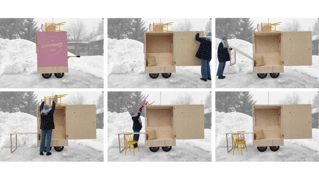 Image series of 6 images showing a movable module built in wood and how it is used