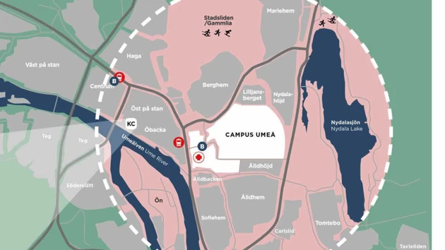 Karta över Umeå och Konstnärligt campus.