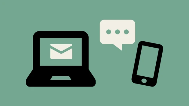 Illustration of computer, email, mobile phone and a communication bubble