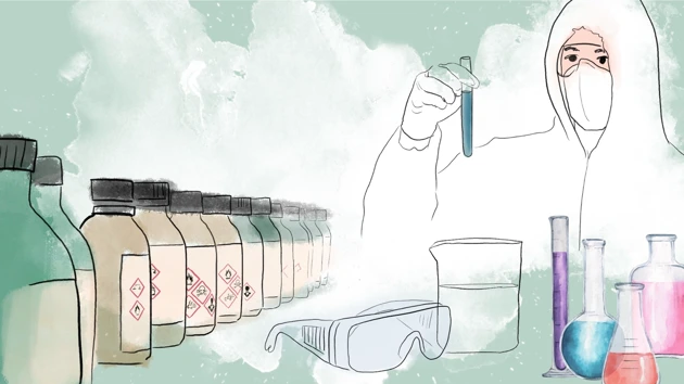 Illustration: person med skyddskläder håller i ett provrör, labbflaskor m.m.
